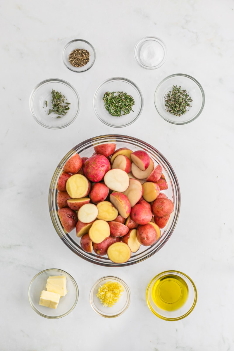 ingredients displayed for making lemon salt roasted potatoes