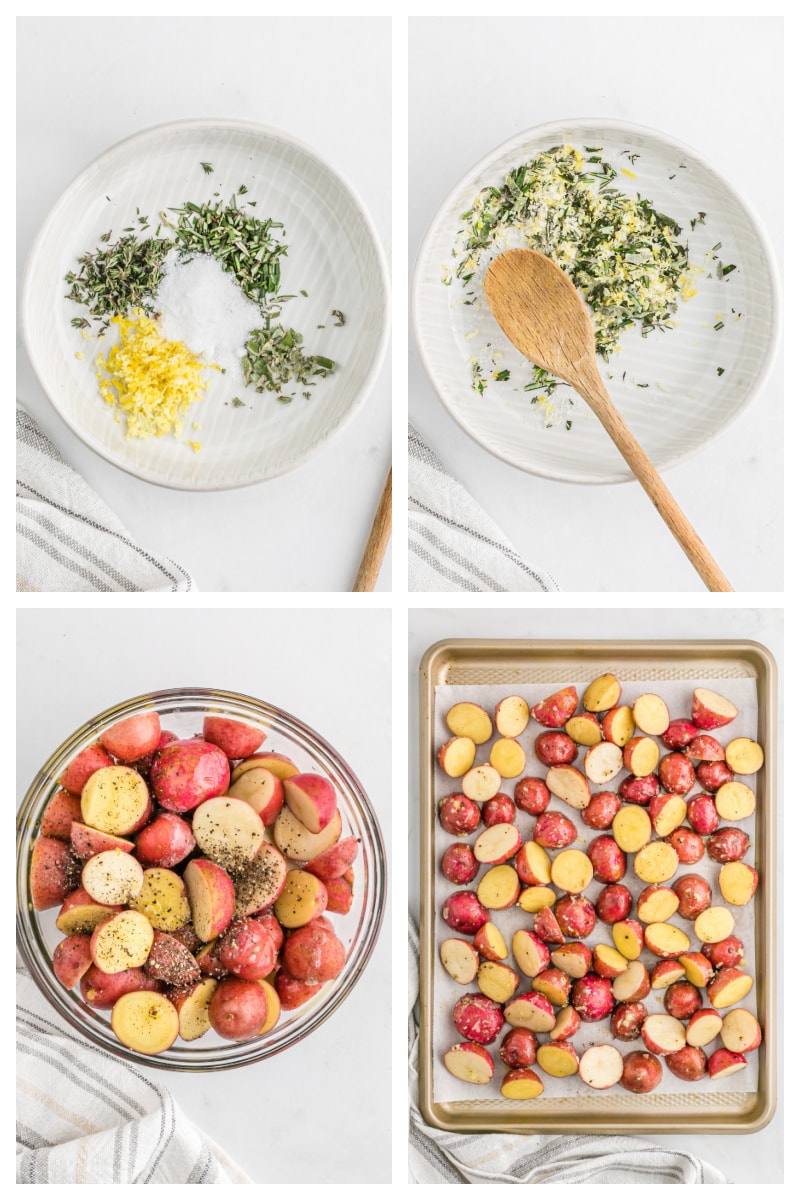 four photos showing how to make lemon salt roasted potatoes