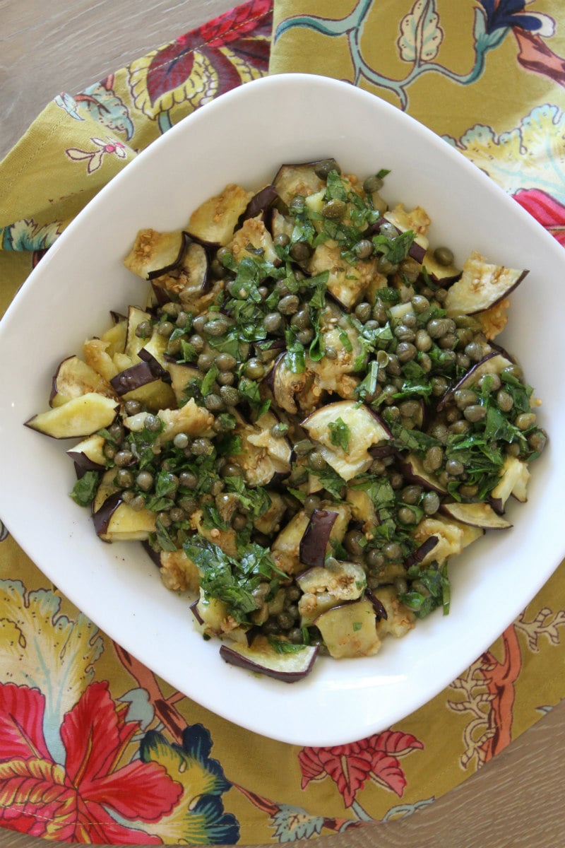 Marinated Eggplant appetizer with capers and mint recipe from RecipeGirl.com #marinated #eggplant #appetizer #recipe #RecipeGirl #capers #mint #greek Marinated Eggplant with capers and mint