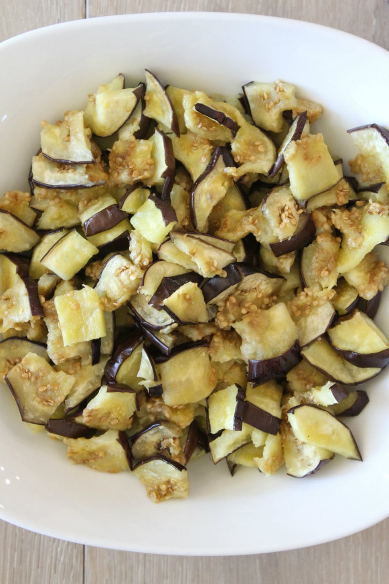 Marinated Eggplant appetizer with capers and mint recipe from RecipeGirl.com #marinated #eggplant #appetizer #recipe #RecipeGirl #capers #mint #greek Roasted Eggplant