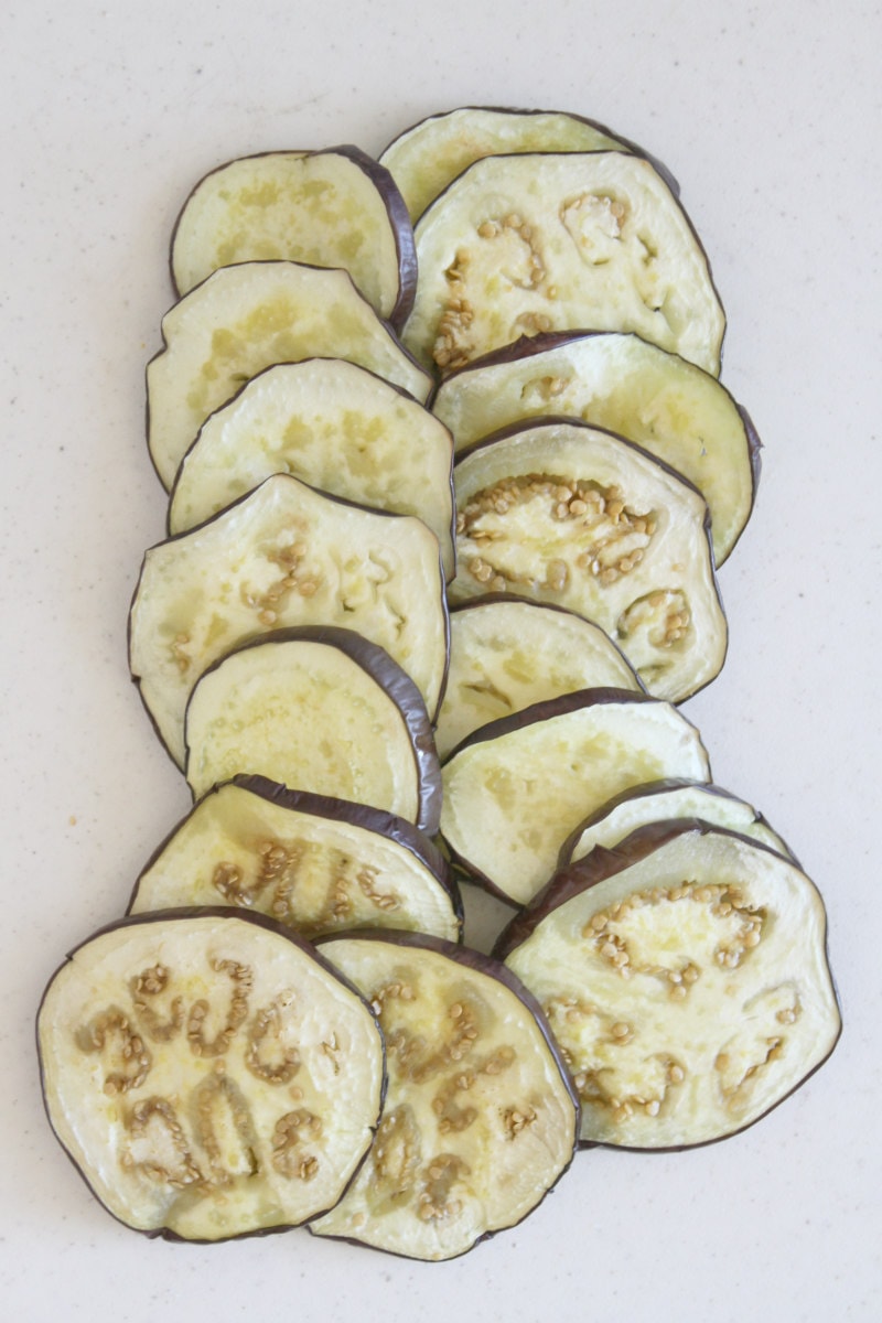 Marinated Eggplant appetizer with capers and mint recipe from RecipeGirl.com #marinated #eggplant #appetizer #recipe #RecipeGirl #capers #mint #greek Roasted Eggplant