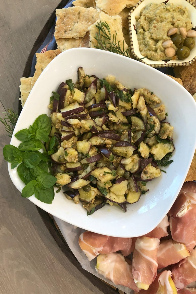 Marinated Eggplant Appetizer served with flatbread