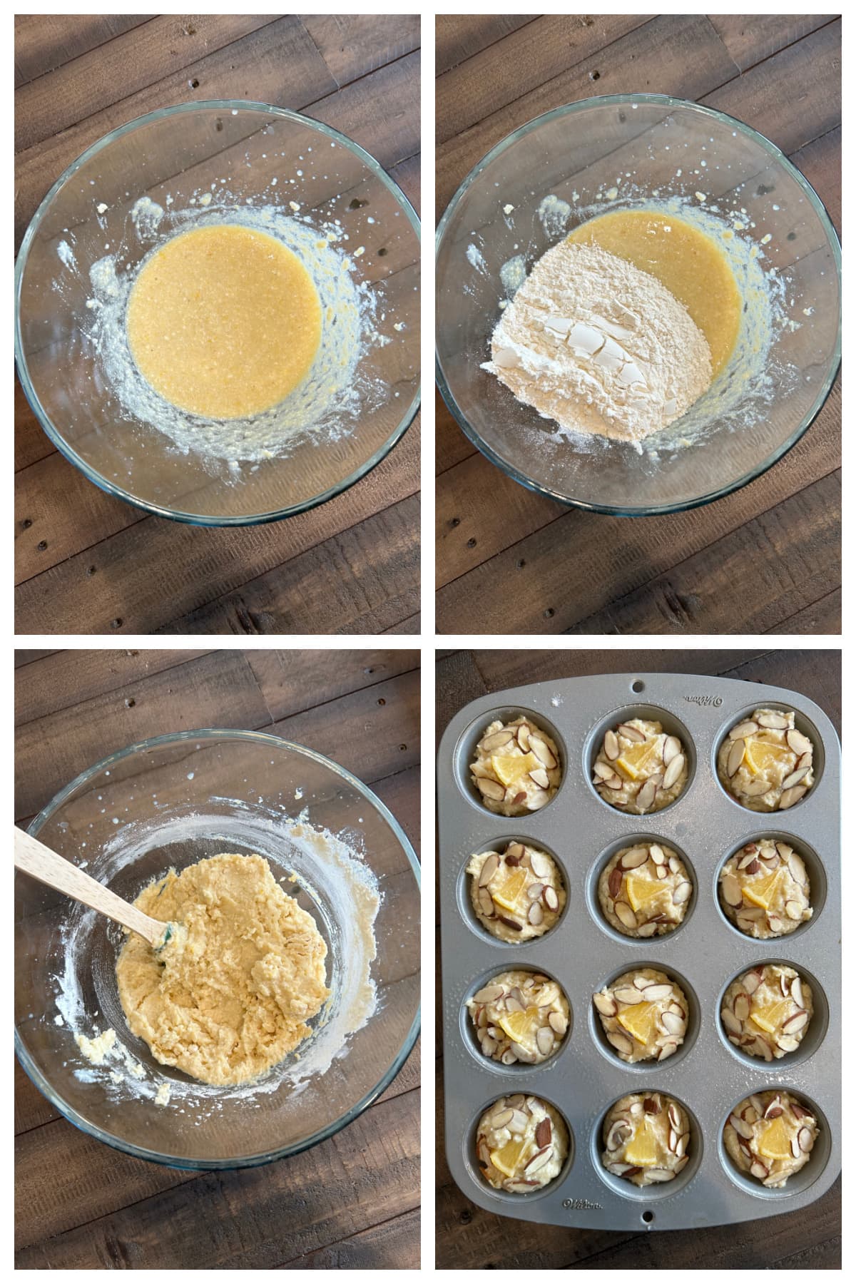 four photos sharing how to make meyer lemon ricotta muffins