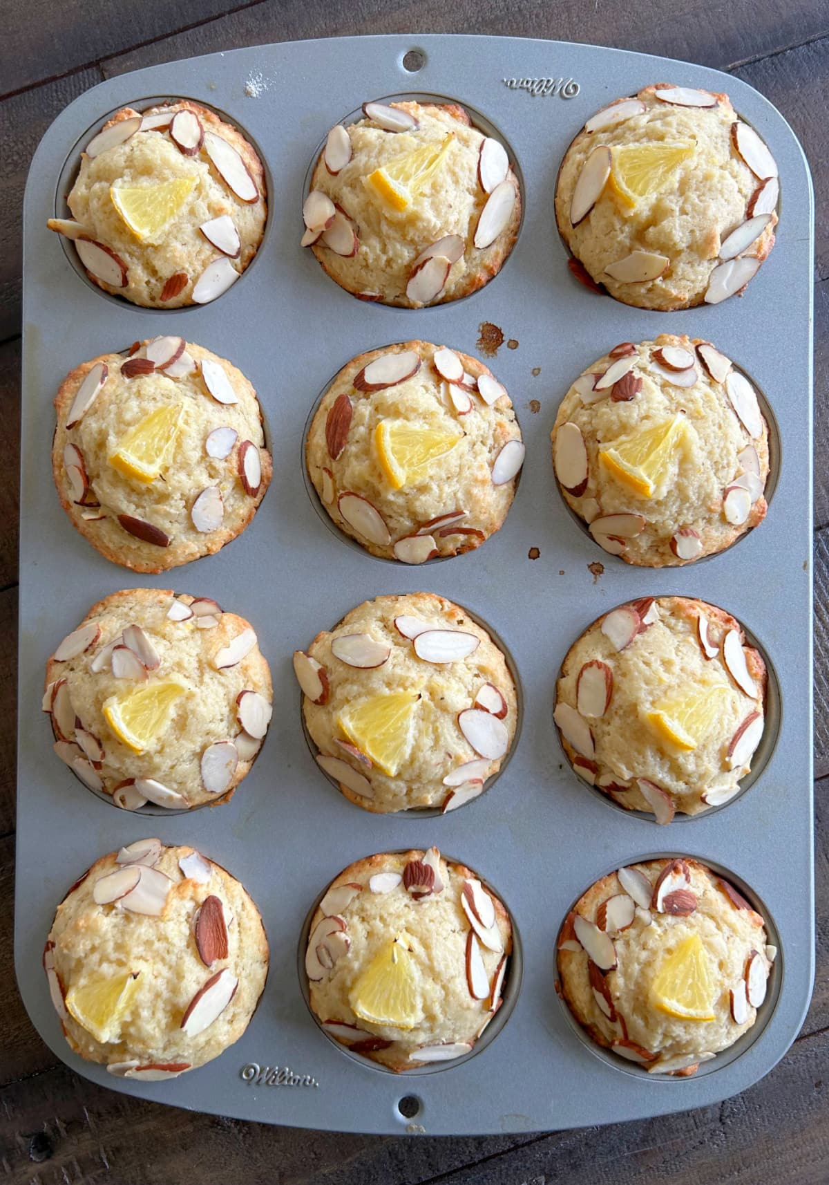 overhead shot of meyer lemon ricotta muffins in muffin tin