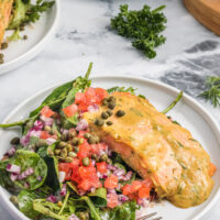 mustard dill salmon salad on plate