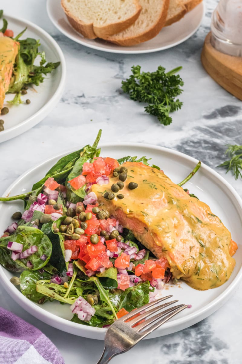 mustard dill salmon salad on plate