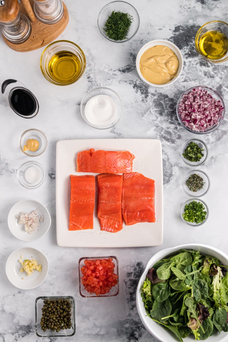 ingredients displayed for making mustard dill and salmon salad