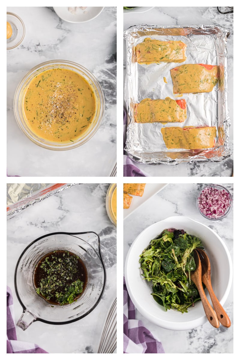 four photos showing sauce, baked salmon, dressing and tossed salad