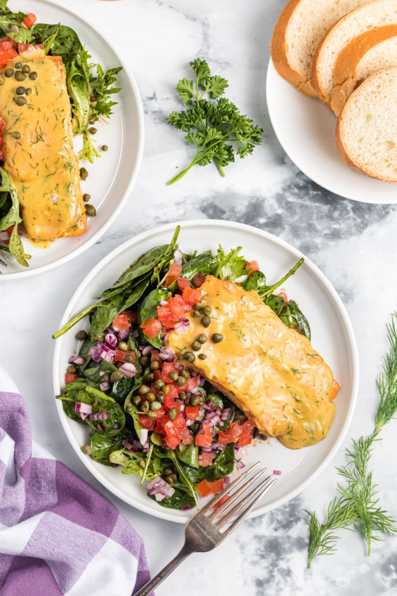 mustard dill salmon salad on plate