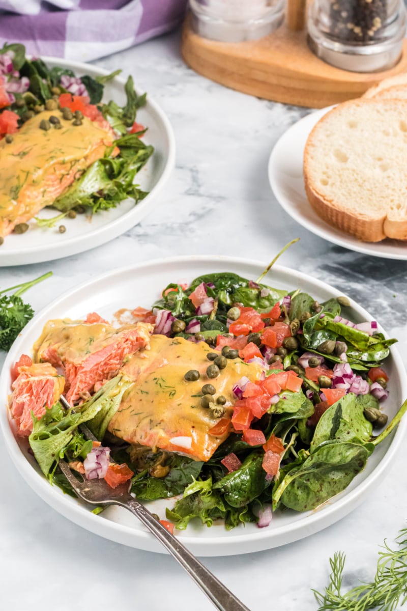 mustard dill salmon salad on plate