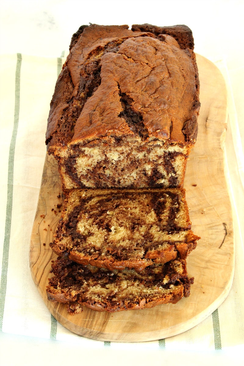 overhead shot of sliced nutella banana bread