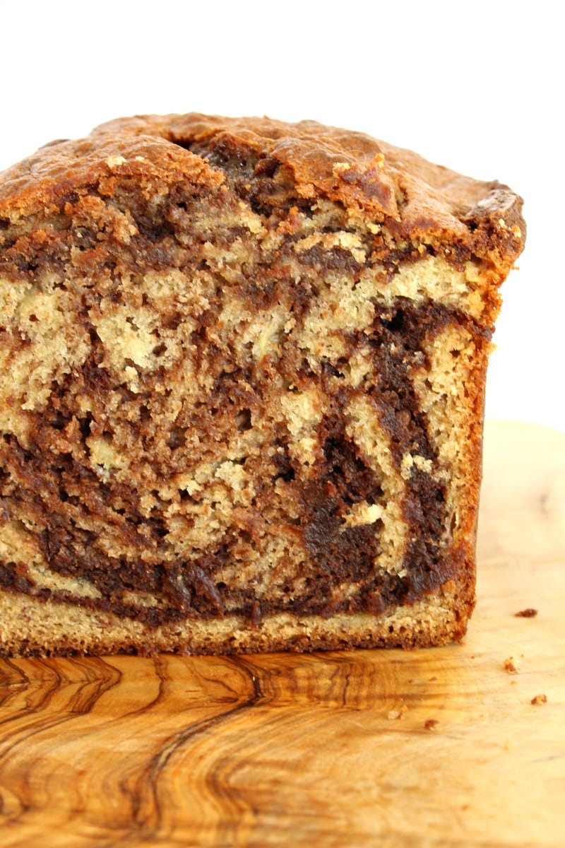 close up looking at the inside of nutella banana bread