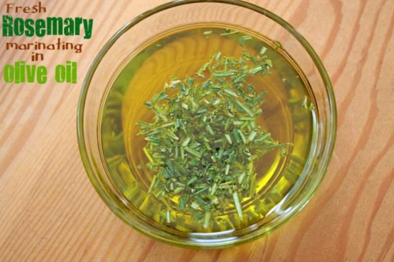 bowl of olive oil and fresh herbs