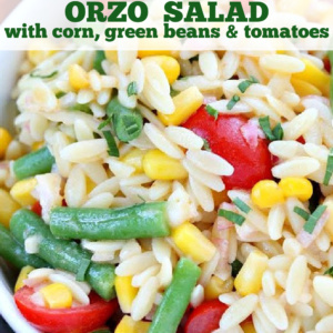 pinterest image for orzo salad with corn green beans and tomatoes