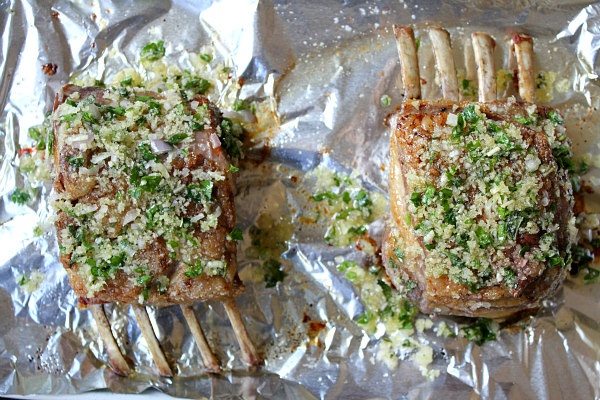 Adding seasoned panko to rack of lamb