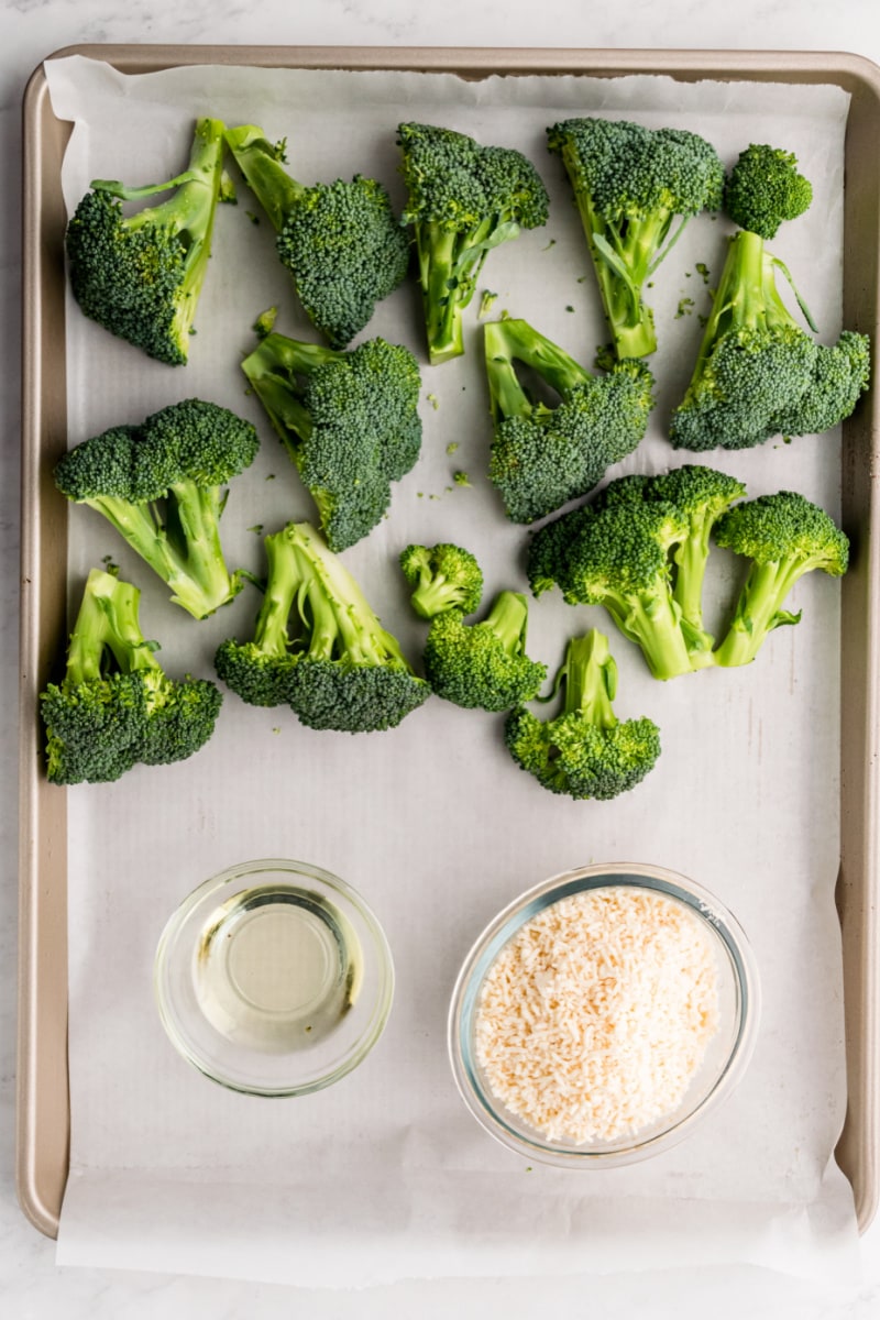 Roasted Broccoli with Asiago Cheese recipe from RecipeGirl.com #broccoli #asiago #recipe #RecipeGirl ingredients displayed for making roasted broccoli with asiago cheese
