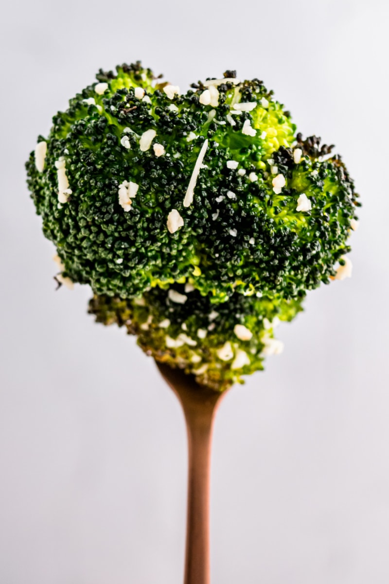 Roasted Broccoli with Asiago Cheese recipe from RecipeGirl.com #broccoli #asiago #recipe #RecipeGirl forkfull of broccoli