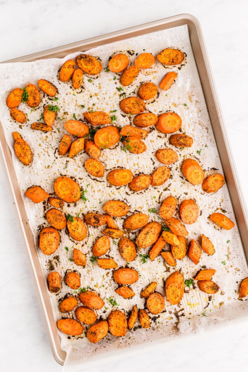 roasted carrots on a baking sheet