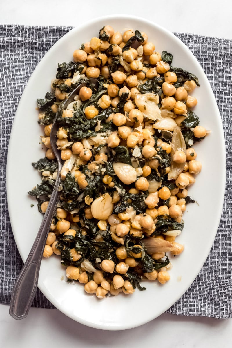 Platter of Roasted Garbanzo Beans with Garlic and Swiss Chard