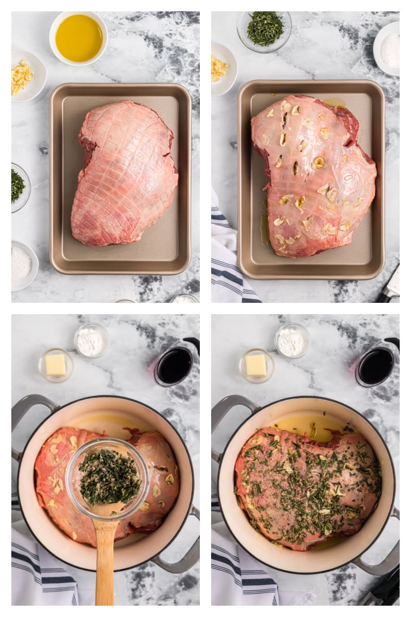 four photos showing how to prepare lamb for roasting