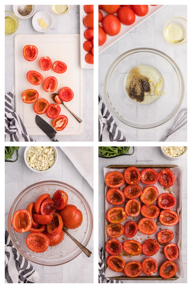 four photos showing how to make roasted tomatoes