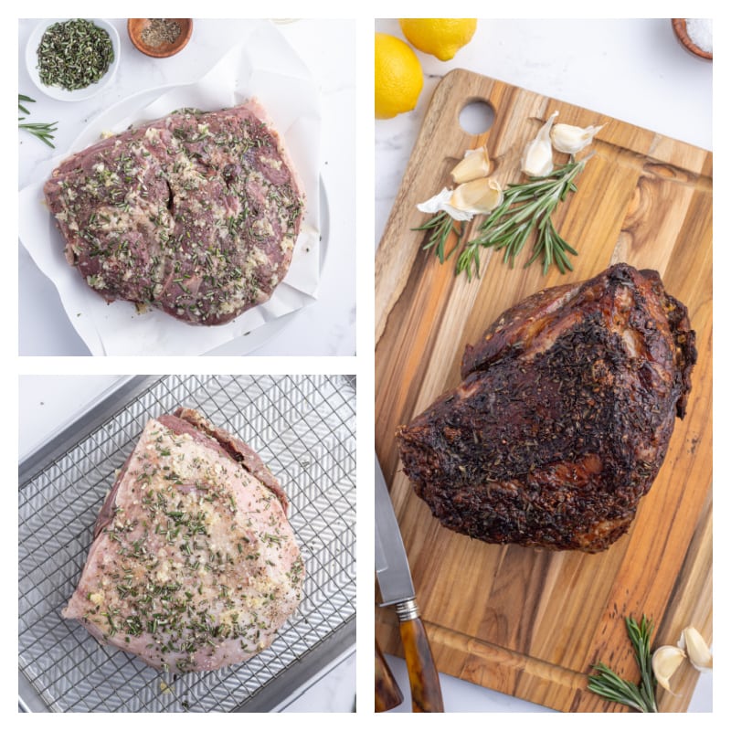 three photos showing how to make rosemary and garlic leg of lamb roast