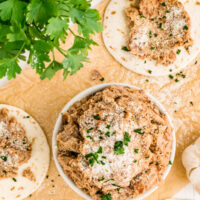 rubios pinto beans in a bowl and on tortillas