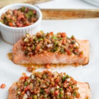 salsa roasted salmon on baking sheet