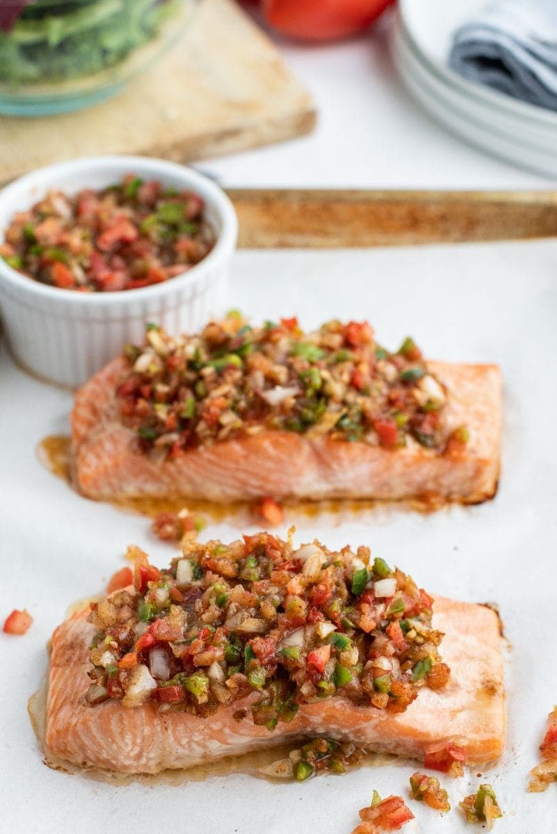 salsa roasted salmon on baking sheet