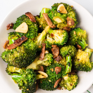 bowl of slow cooked broccoli with garlic and pancetta