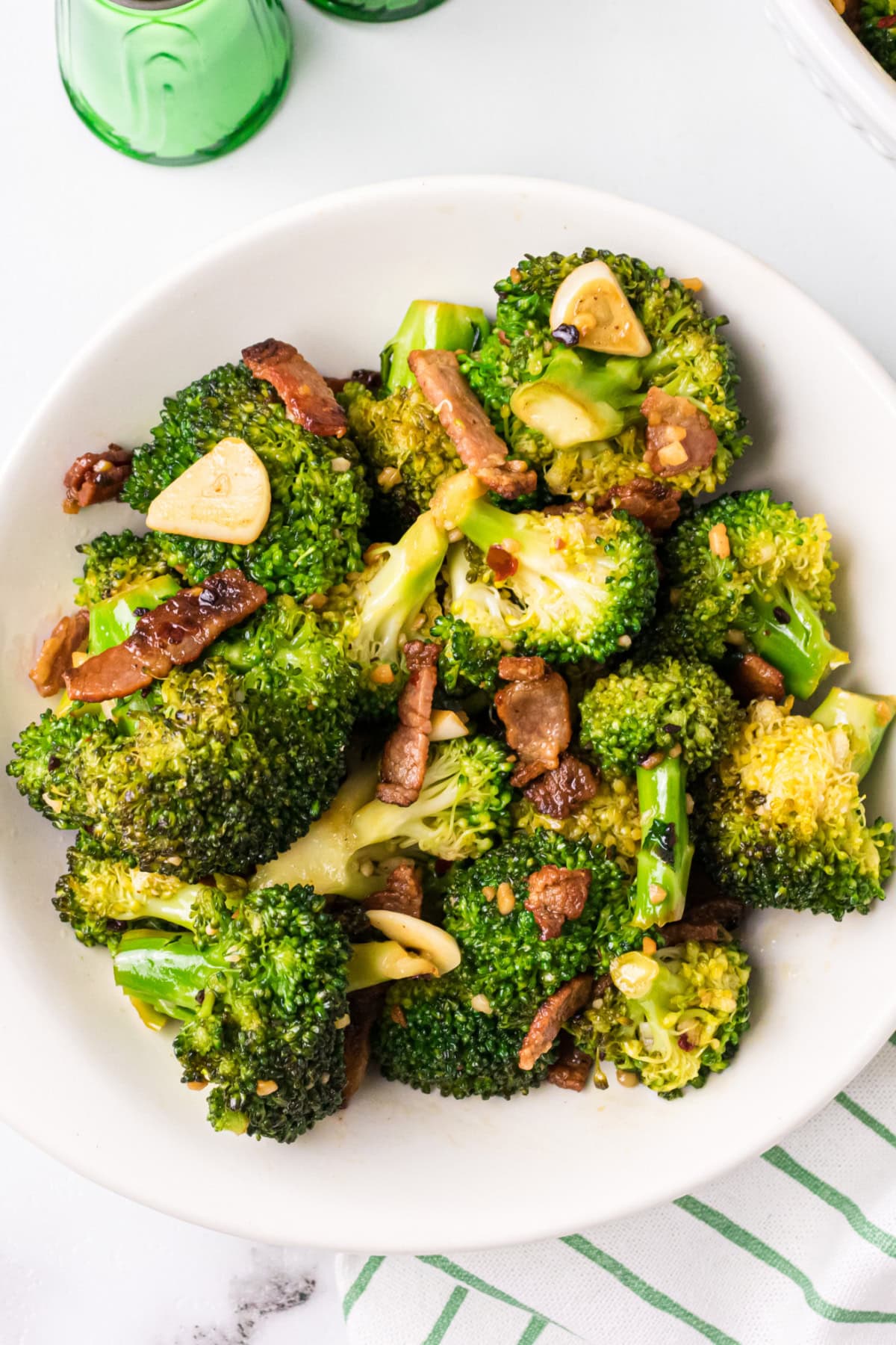 bowl of slow cooked broccoli with garlic and pancetta