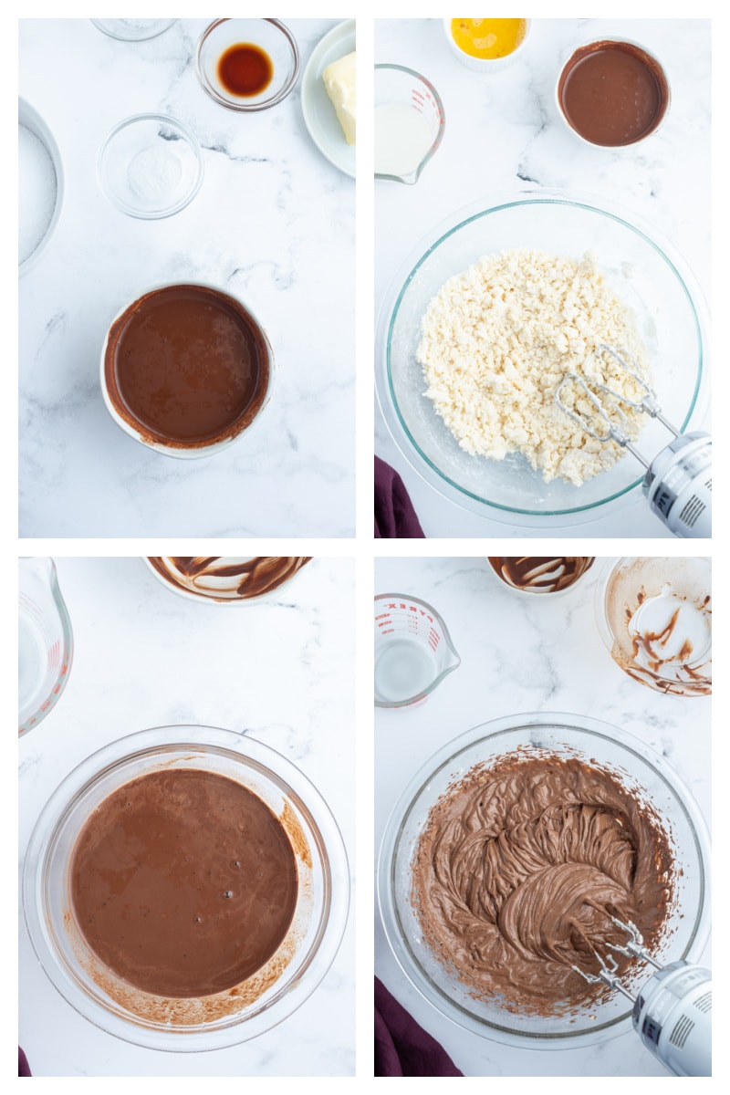 four photos showing how to make chocolate cupcake batter