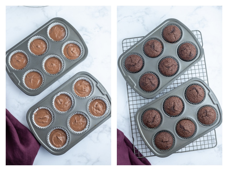 two photos showing chocolate cupcake batter in pan and then baked