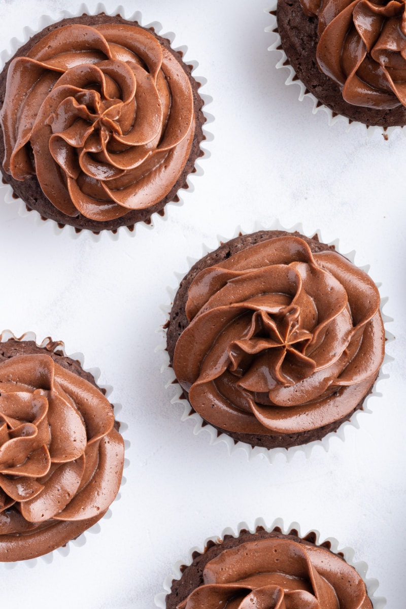overhead shot of cupcakes with chocolate frosting