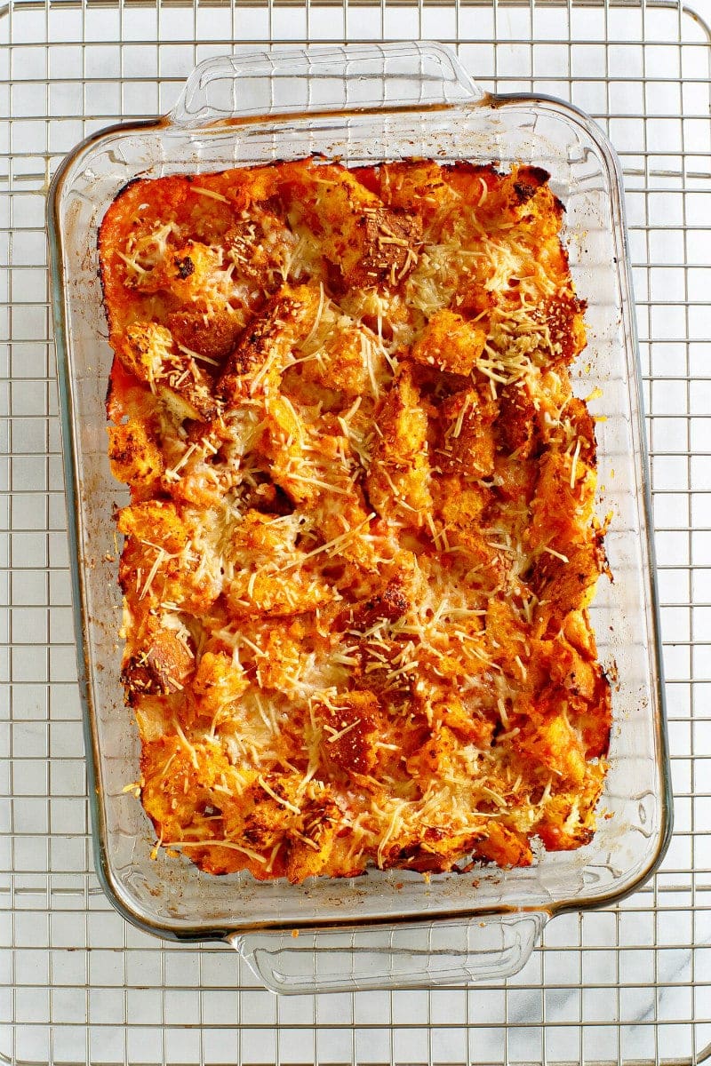 Tomato Bread Pudding recipe from RecipeGirl.com #tomato #bread #pudding #recipe #RecipeGirl Tomato Bread Pudding in a casserole dish