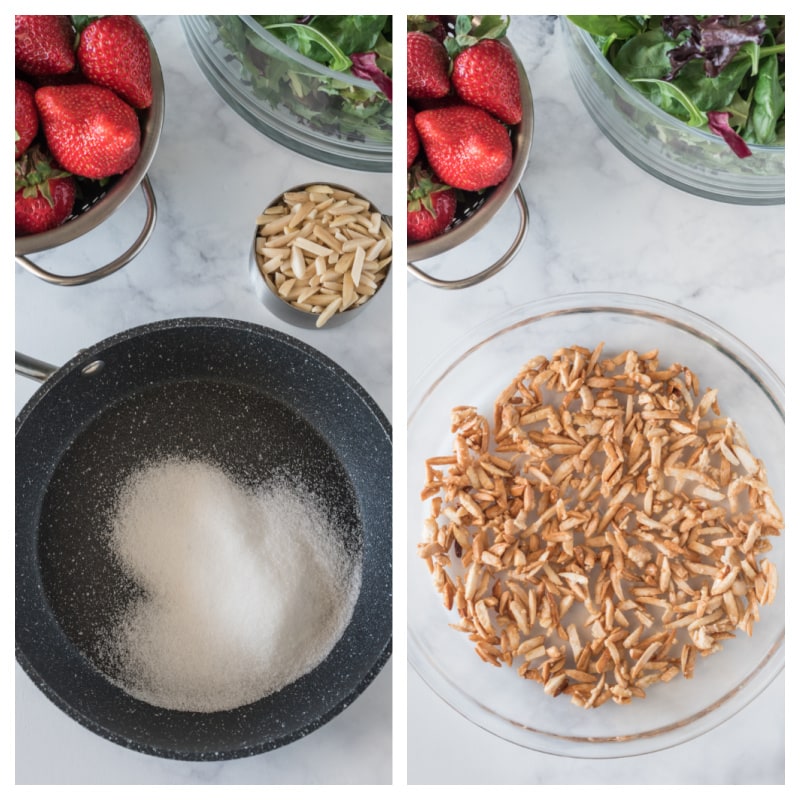 skillet melting sugar and then sugared almonds in a glass pie plate to cool