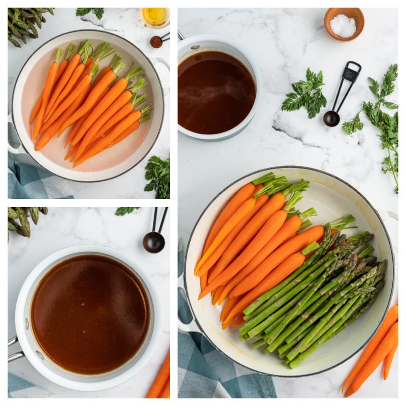 three photos carrots cooking pan, maple butter sauce in pan and carrots and asparagus in pan