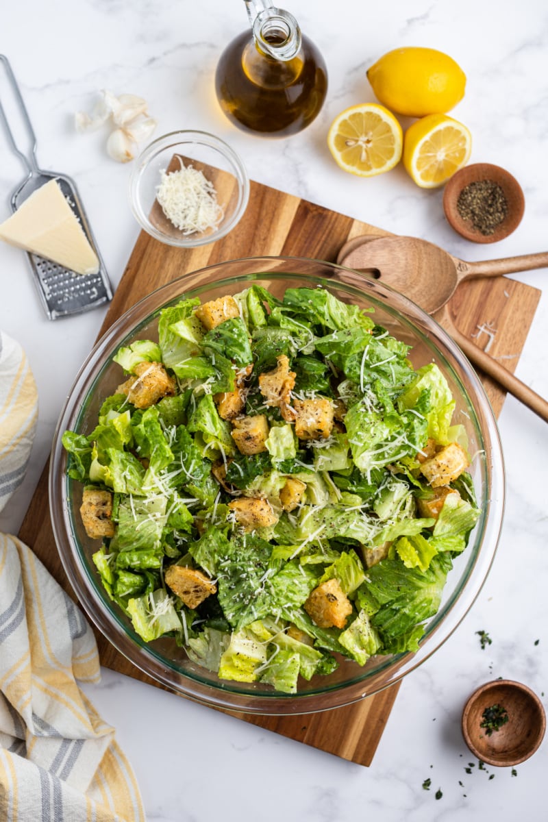 caesar salad with homemade sourdough croutons in a bowl