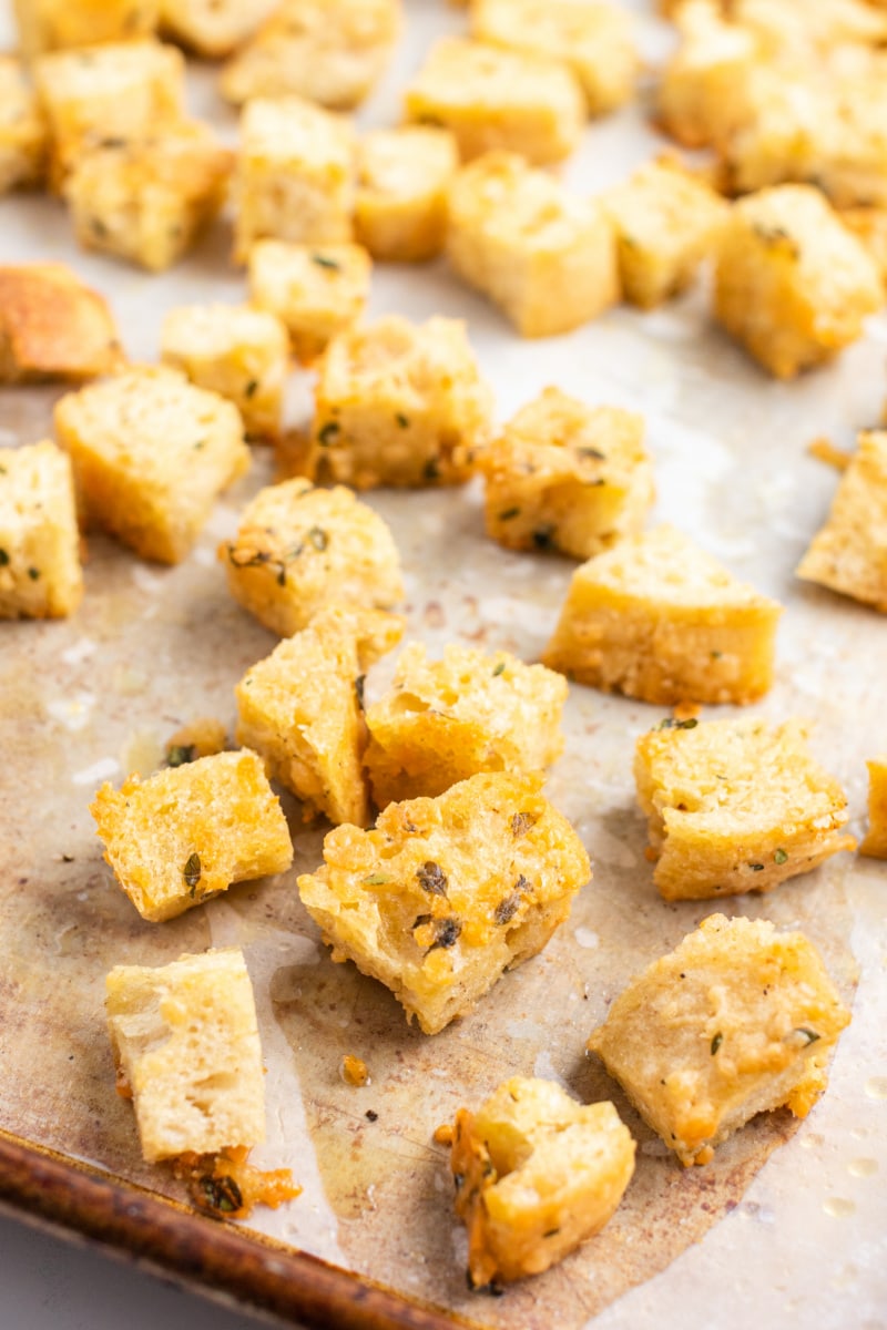 croutons on baking sheet