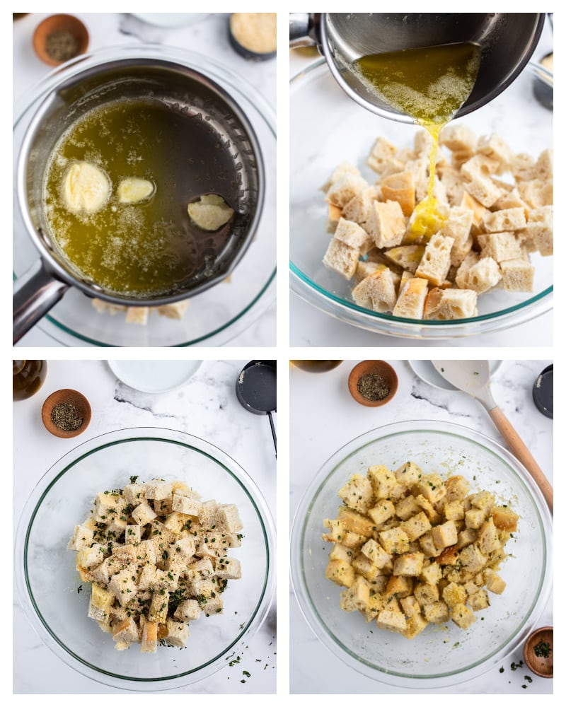 four photos showing pan with melted butter, butter poured on croutons and spices