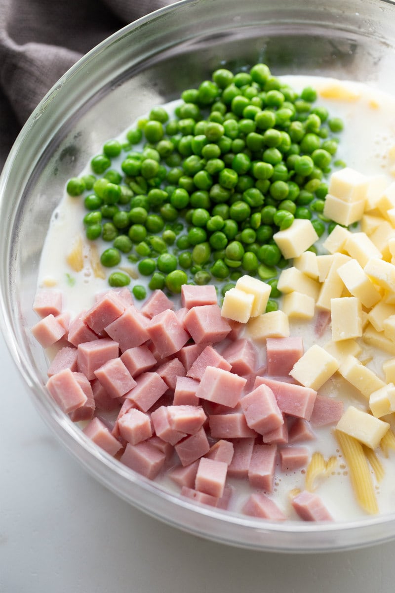 ingredients in bowl for making cheesy baked penne