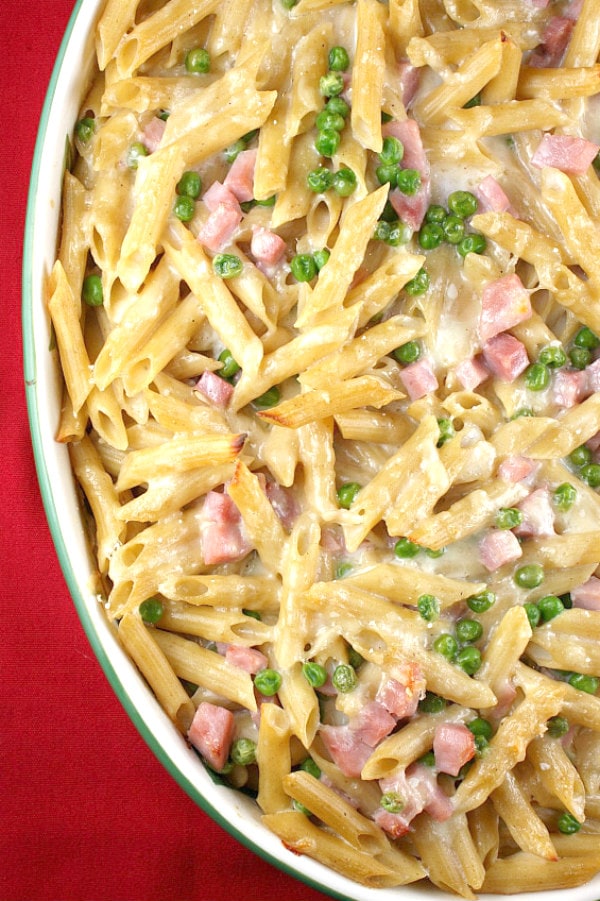 cheesy baked penne in a casserole dish