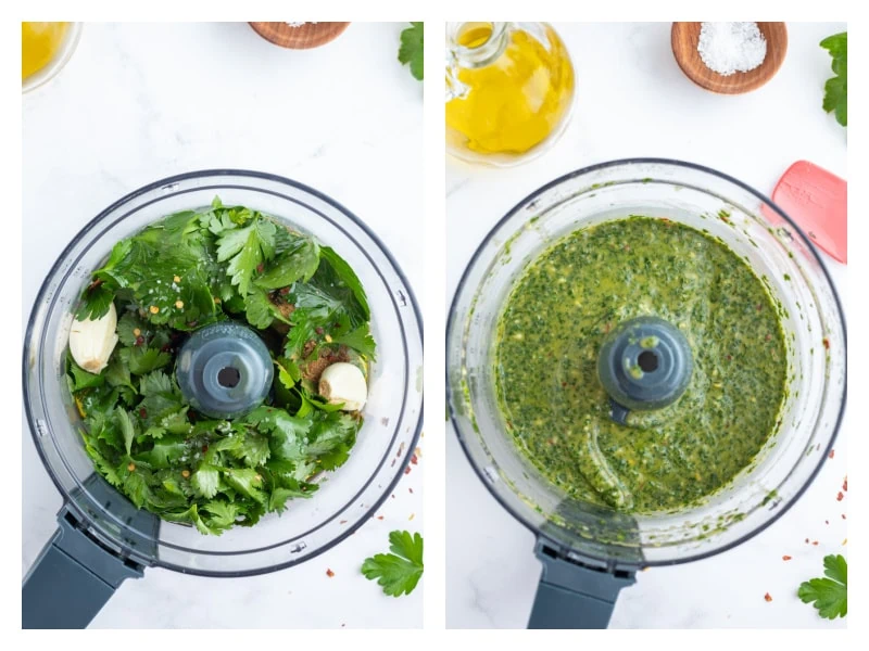 two photos with ingredients in food processor and then processed into chimichurri sauce