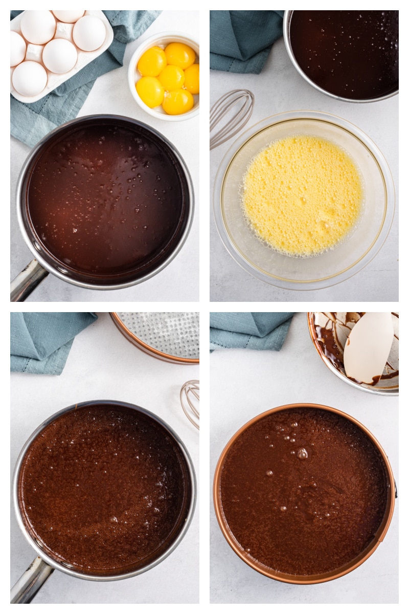 four photos showing making chocolate cake batter and adding it to round pan