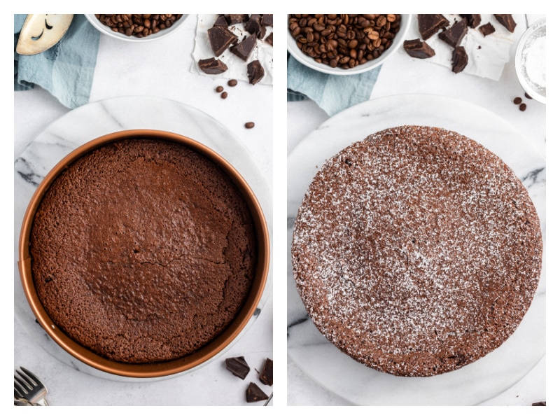 two photos showing baked cake in round pan and then dusted with powdered sugar