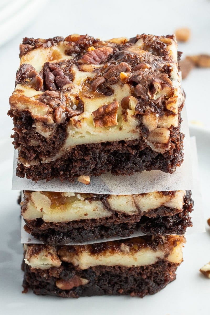 stack of three cream cheese swirl brownies
