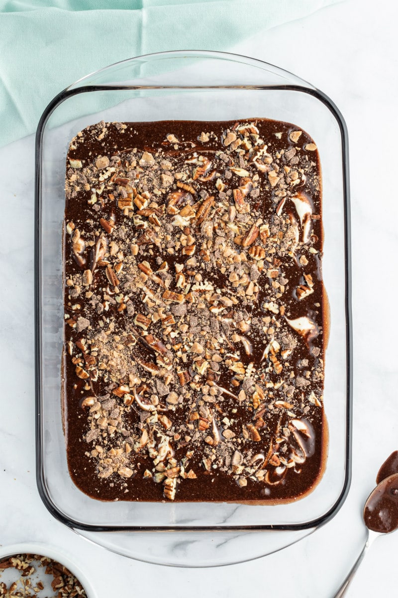 overhead shot of heath bar brownies ready for the oven