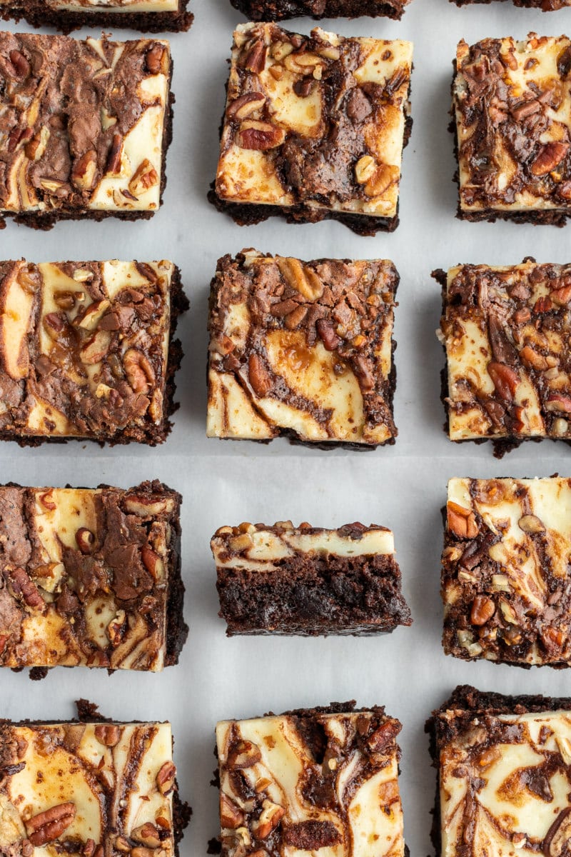 overhead shot of cut cream cheese brownies