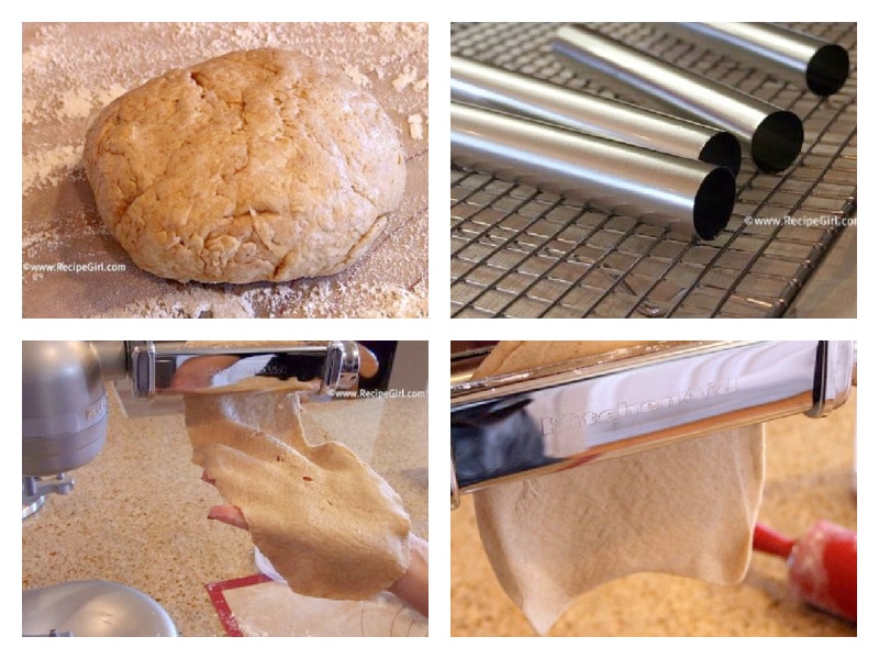 four photos showing how to roll out cannoli dough