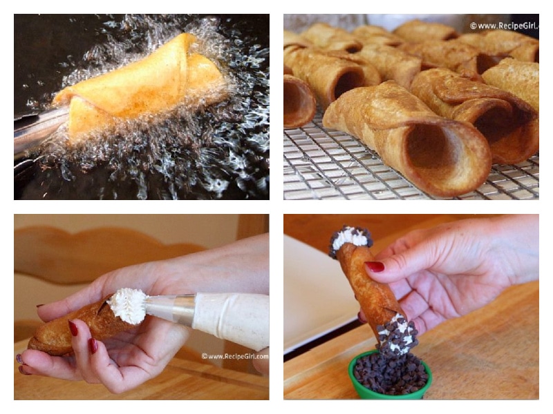 four photos showing how to fry cannoli shells and fill them